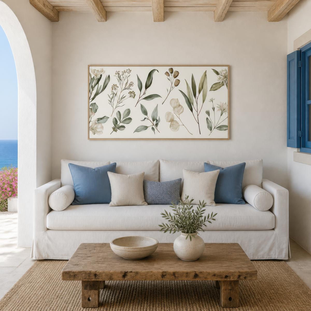 Botanical Sprigs with Papery Seed Pods wall art print staged in a room