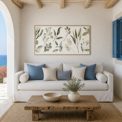 Botanical Sprigs with Papery Seed Pods wall art print staged in a room