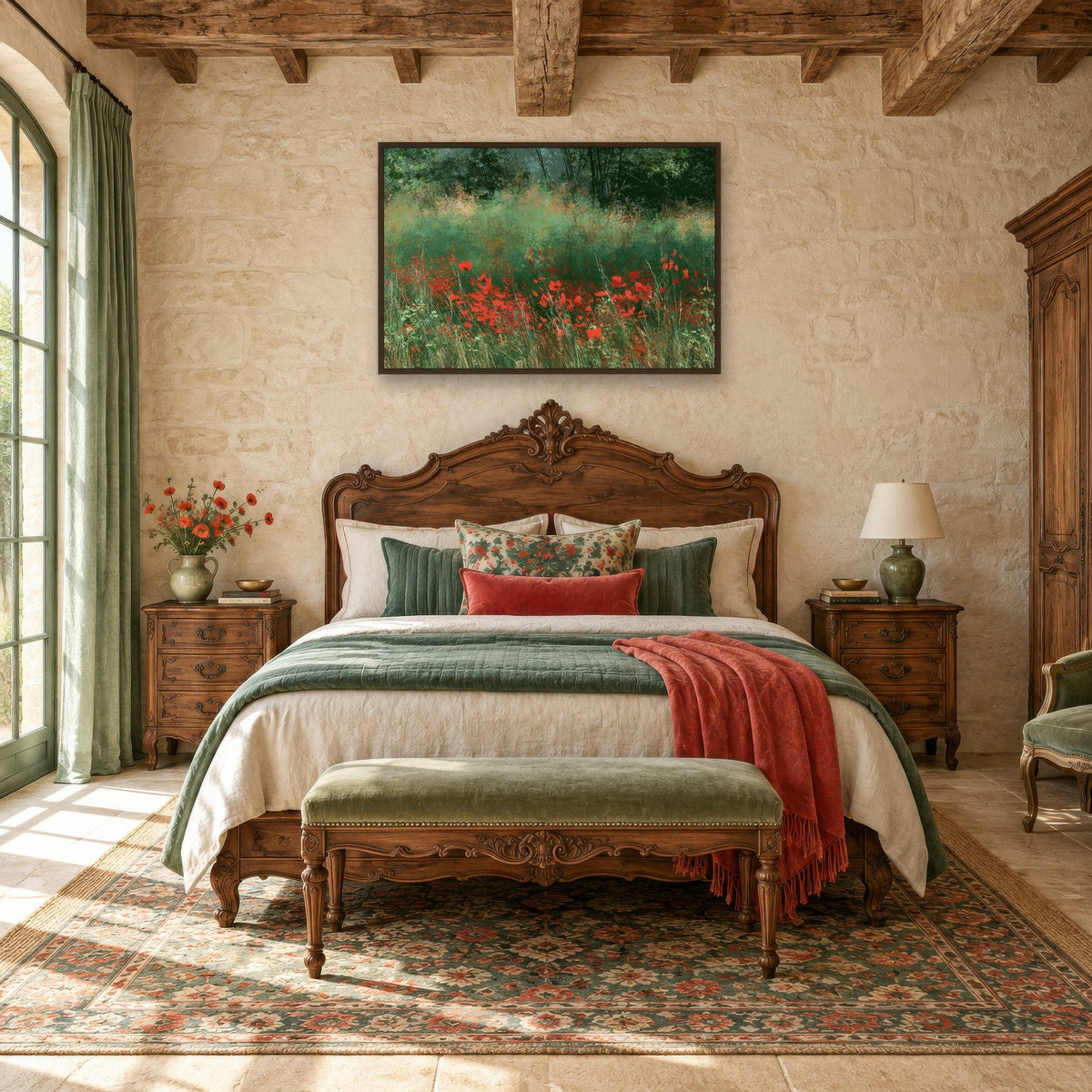 Wild Poppy Meadow impressionist wall art in a bedroom