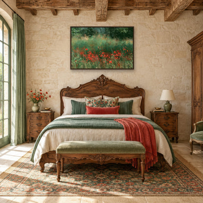Wild Poppy Meadow impressionist wall art in a bedroom