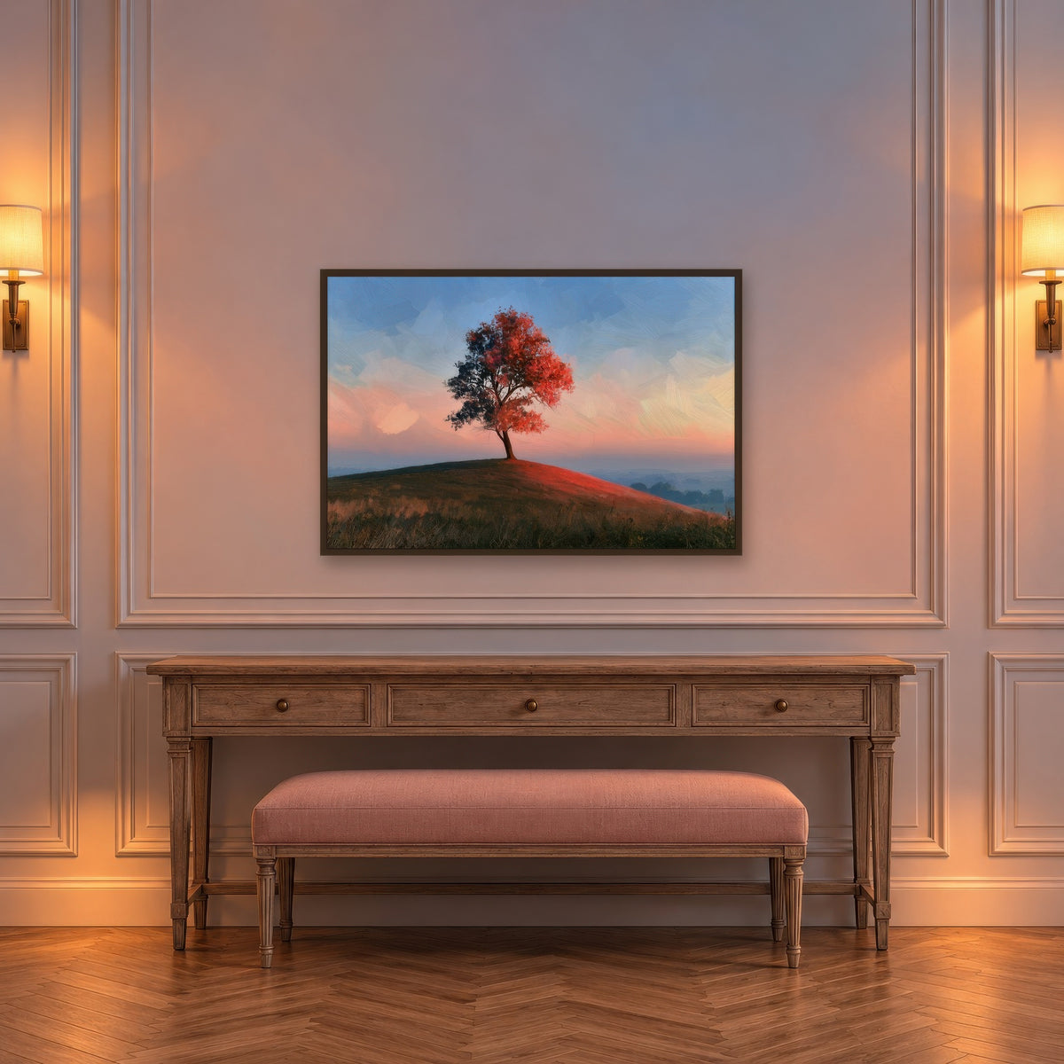 Lone Tree at Sunset impressionist wall art in an entryway