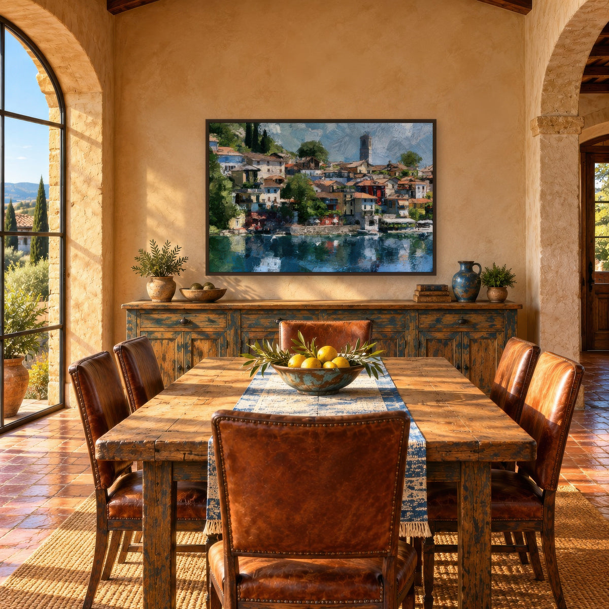 Lakeside Village with Bell Tower impressionist wall art in a dining room