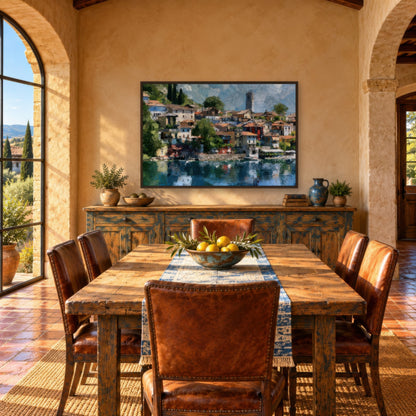 Lakeside Village with Bell Tower impressionist wall art in a dining room
