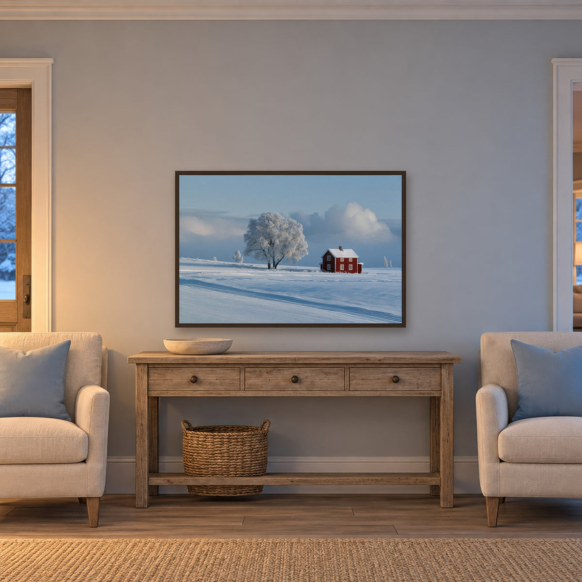 Winter Farmstead in Snow scandinavian wall art in an entryway