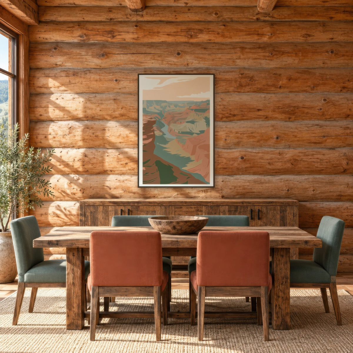 Golden Canyon Abstract Illustration landscape wall art in a dining room
