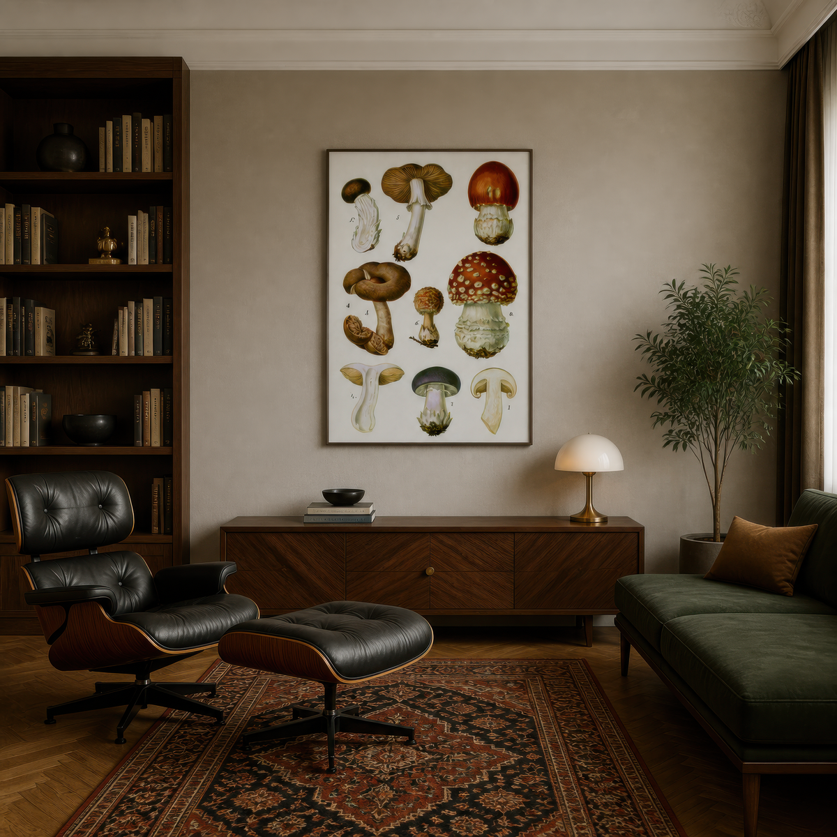 Antique Numbered Mushroom Plate wall art print, alternate room view