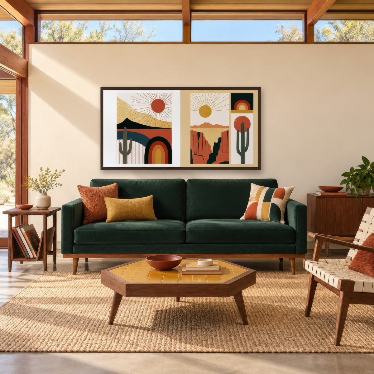 Desert Sunrise Diptych mid-century modern wall art in a living room