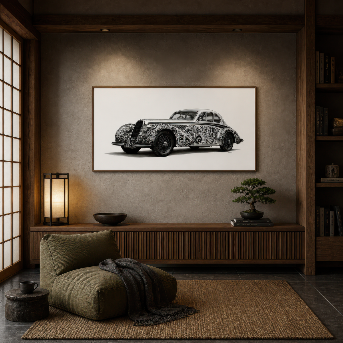 Vintage car in filigree above a dark wood credenza with olive floor cushions and a paper lamp