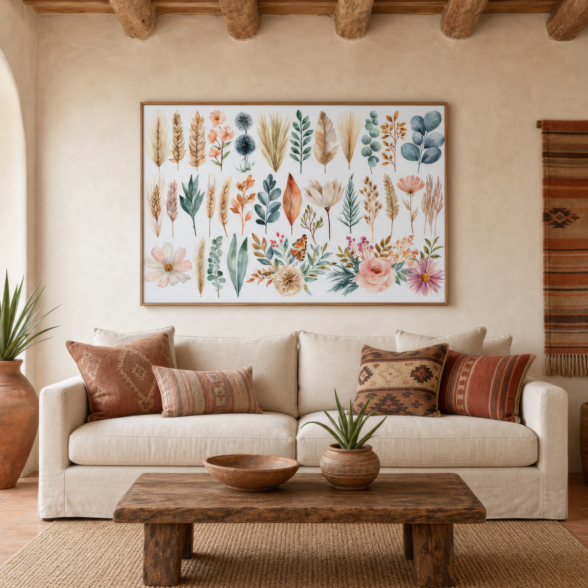Pressed botanical chart above a cream sofa with rust and patterned pillows and a cactus