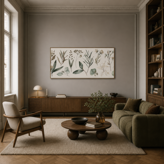 Old Herbarium Page wall art print, alternate room view