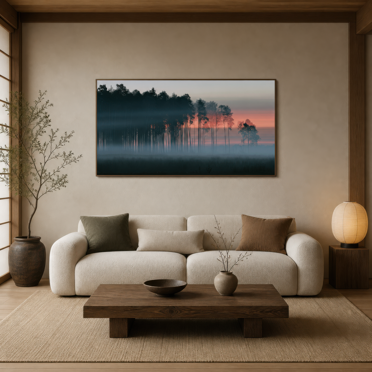 Misty pine forest at dawn above a cream sofa with a dark wood low coffee table
