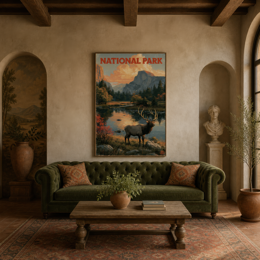 Half Dome Elk Vintage Poster – National Park Wall Art