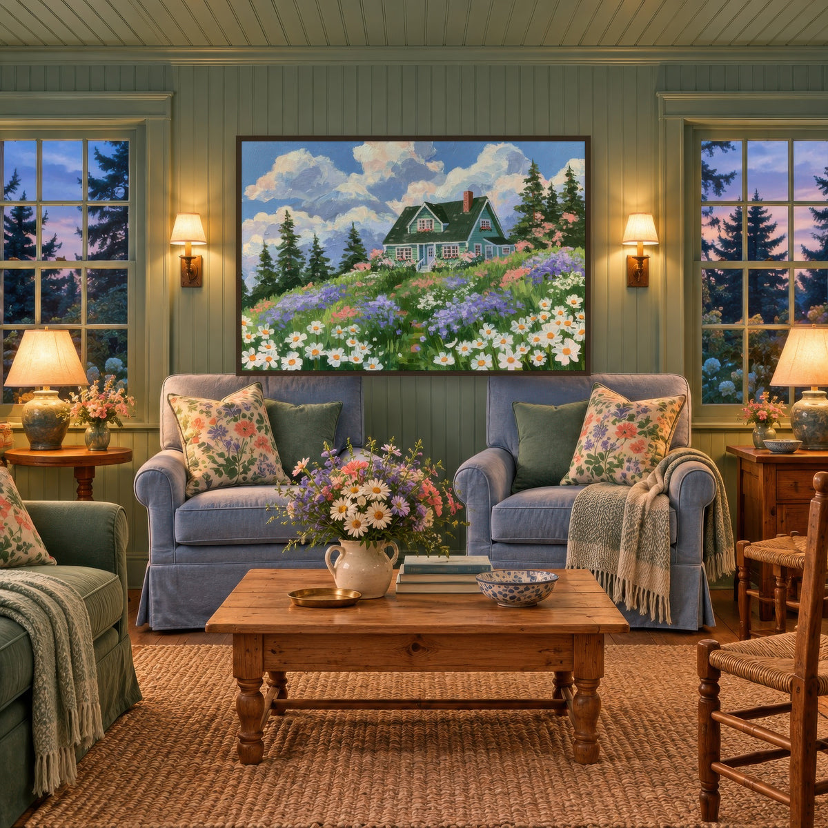 Folk Hillside Cottage cottagecore wall art in a den