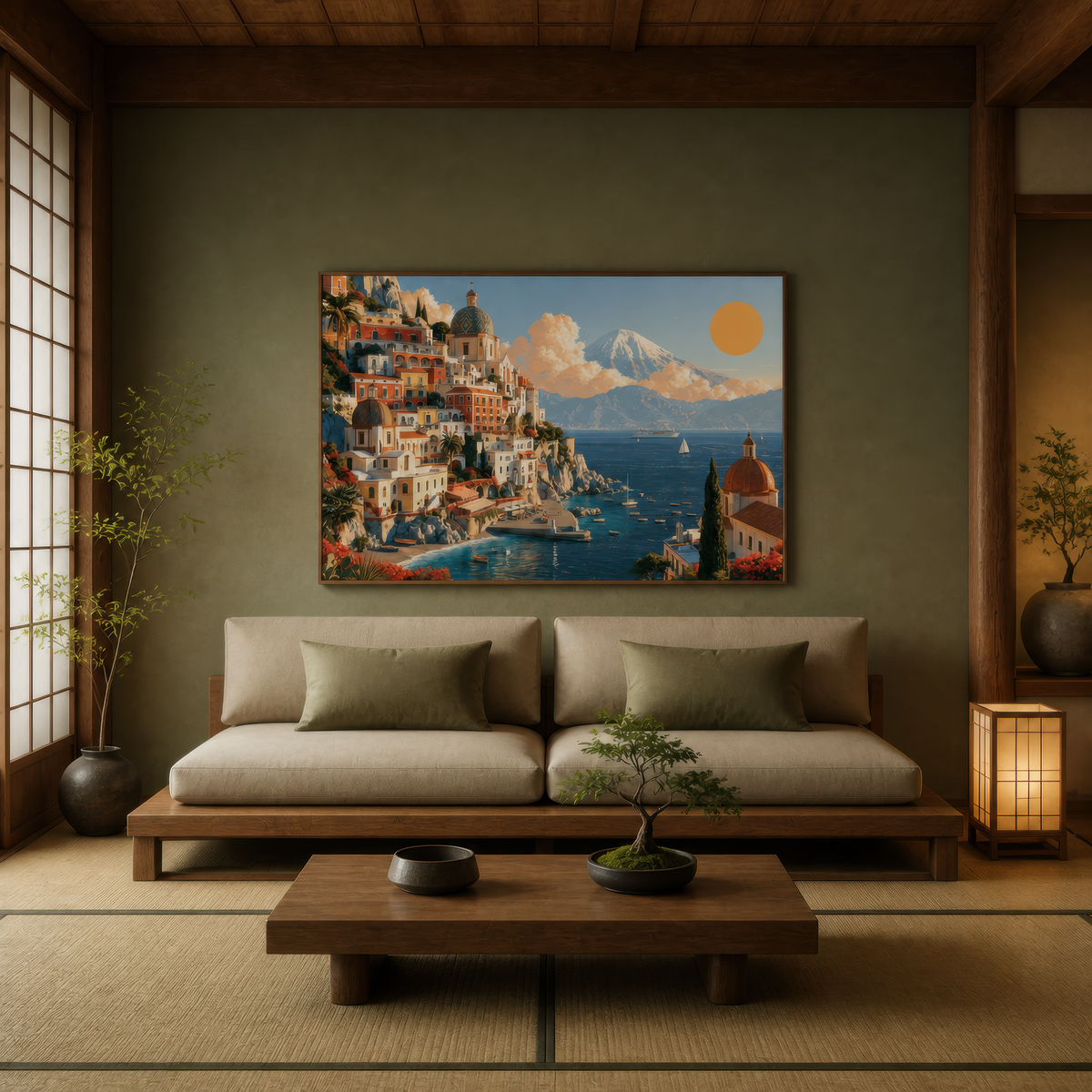 Cliffside Village Above a Blue Harbor wall art print, alternate room view