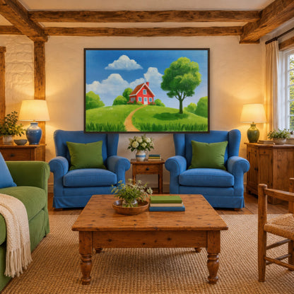 Red Cottage on the Green cottagecore wall art in a den