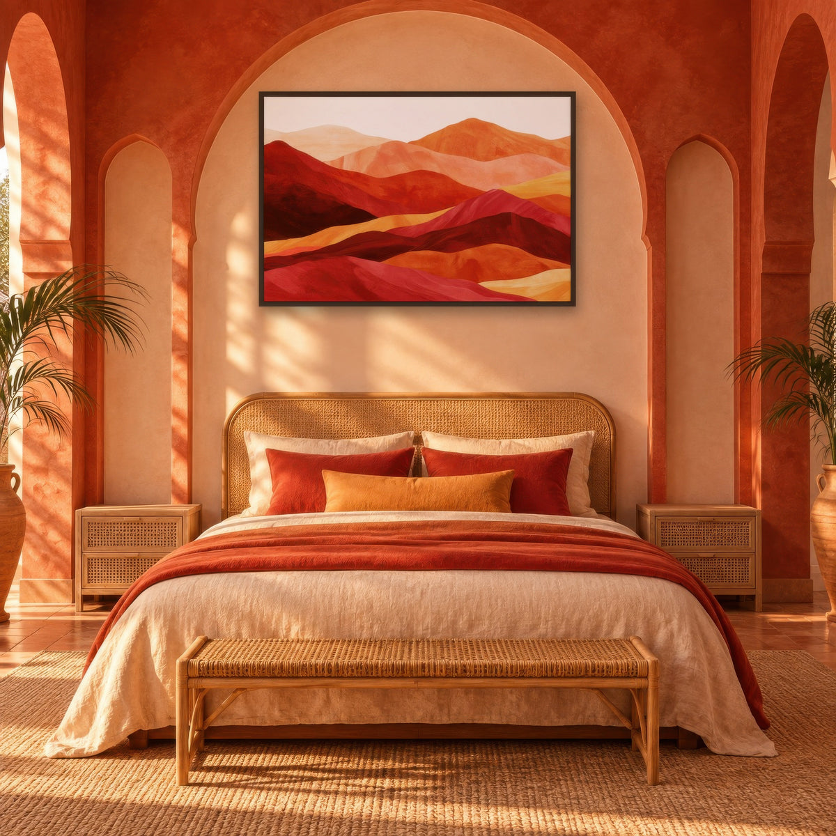 Layered Mountain Ridges in Red and Orange boho wall art in a bedroom