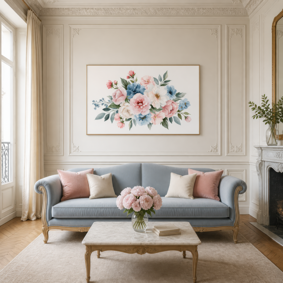 Blush and Dusty Blue Bouquet wall art print staged in a room