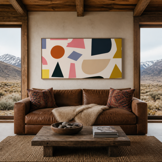 Wide rust, navy and mustard geometric abstract artwork above a brown leather sofa in a living room with mountain views