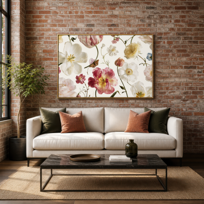 Tulips and Wildflowers on Cream wall art print staged in a room