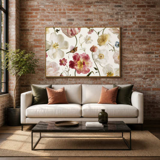 Tulips and Wildflowers on Cream wall art print staged in a room