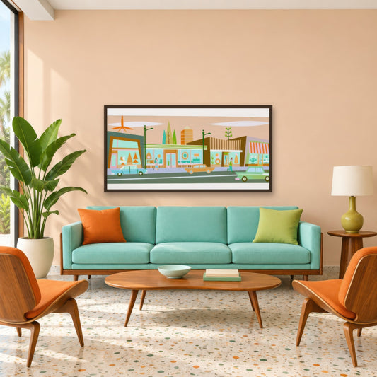 Retro Main Street in Warm Sand Tones mid-century modern wall art in a living room