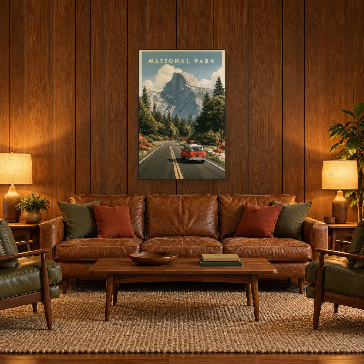 Half Dome Vintage Travel Poster national park wall art in a living room