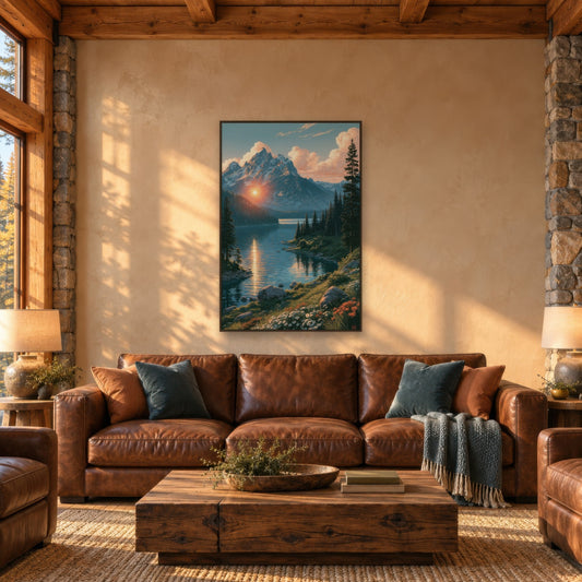 Mountain Lake at Sunset national park wall art in a living room