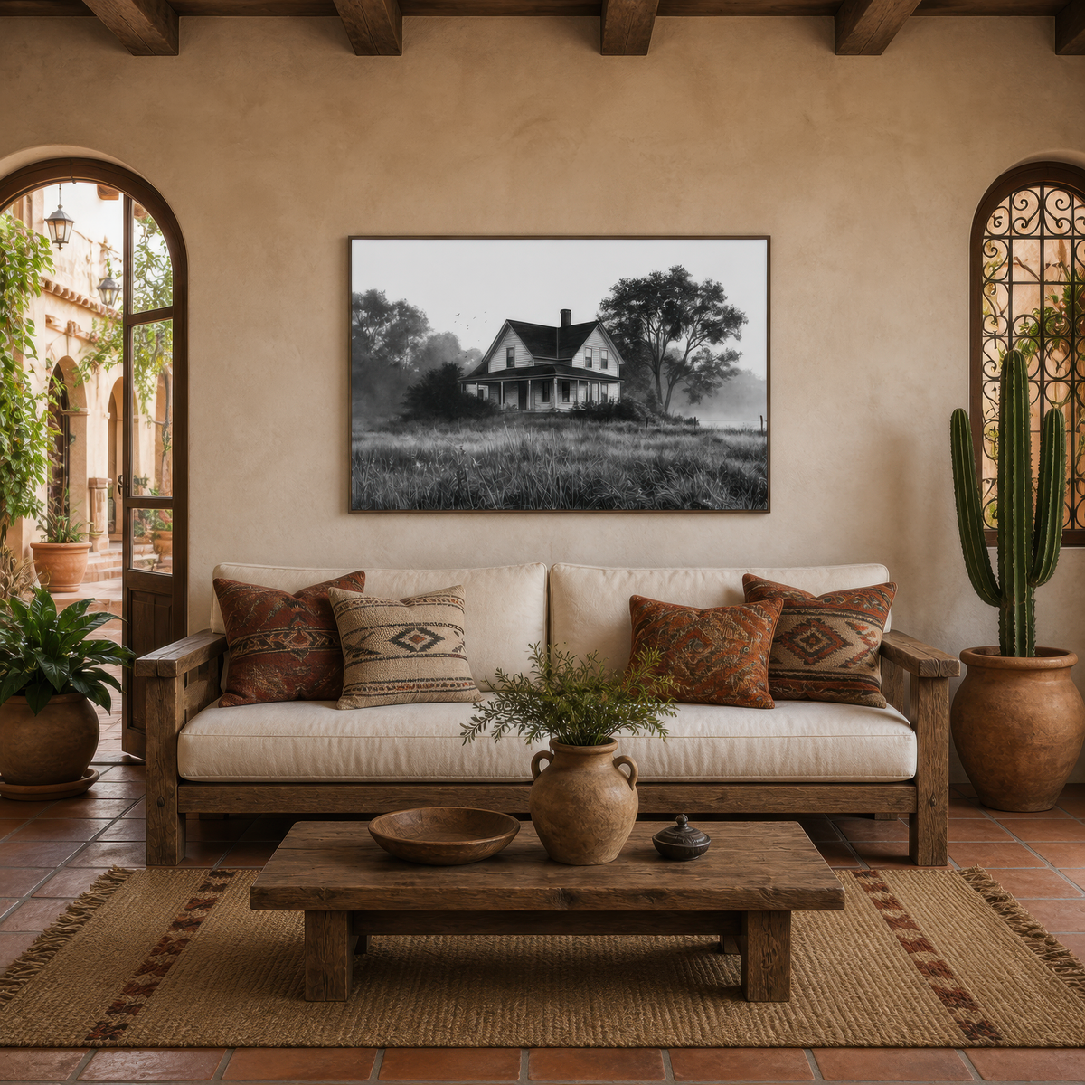 Farmhouse in a quiet meadow above a cream sofa with rust kilim pillows beside arched windows