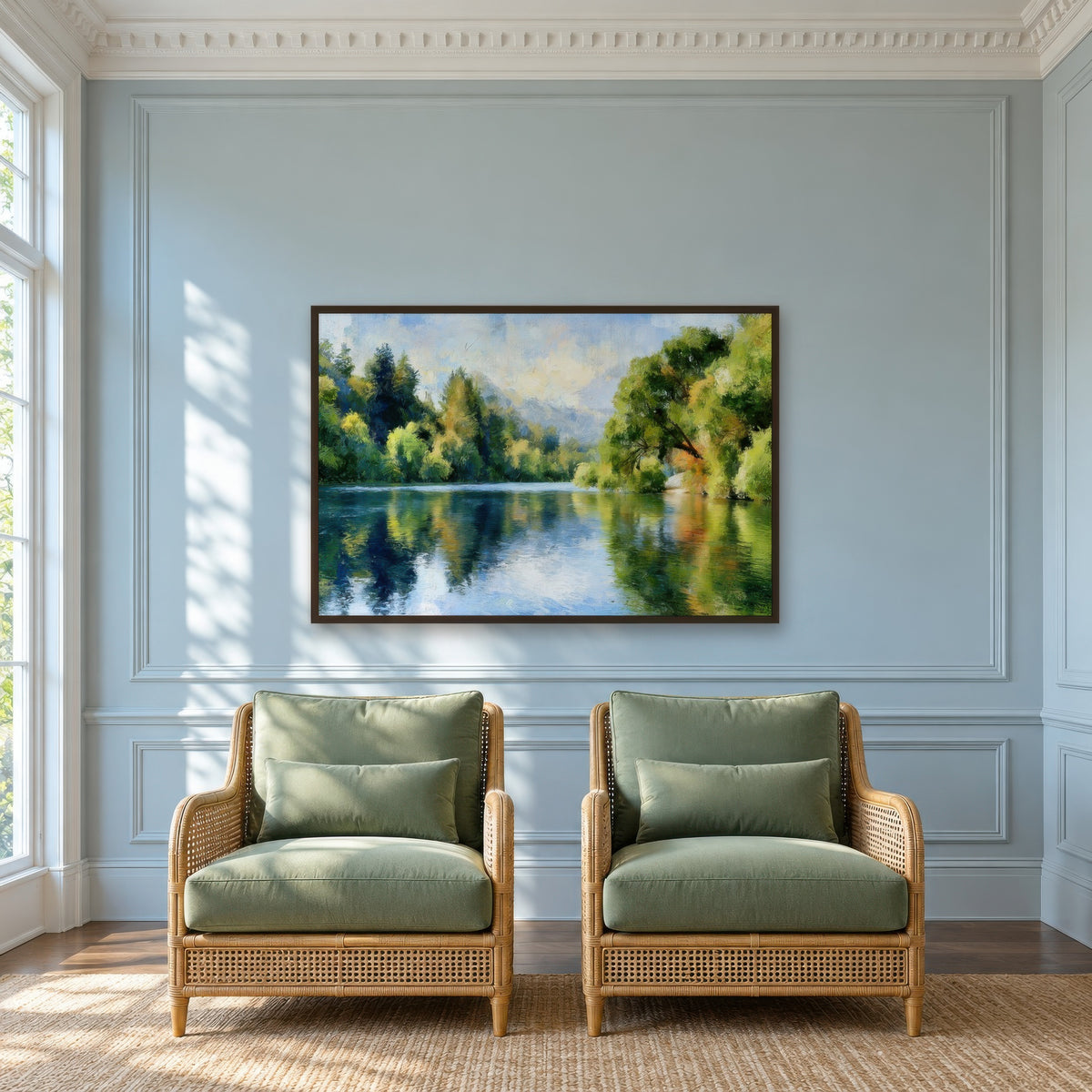 Quiet Lake Reflection impressionist wall art in a den