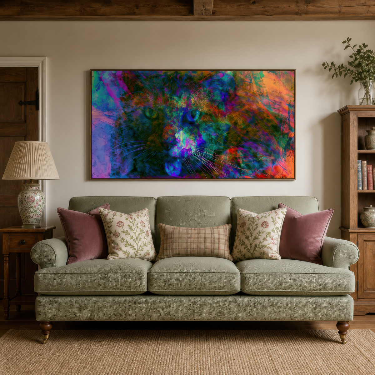 Blue Cat in Color Haze psychedelic wall art in a living room with a sage sofa