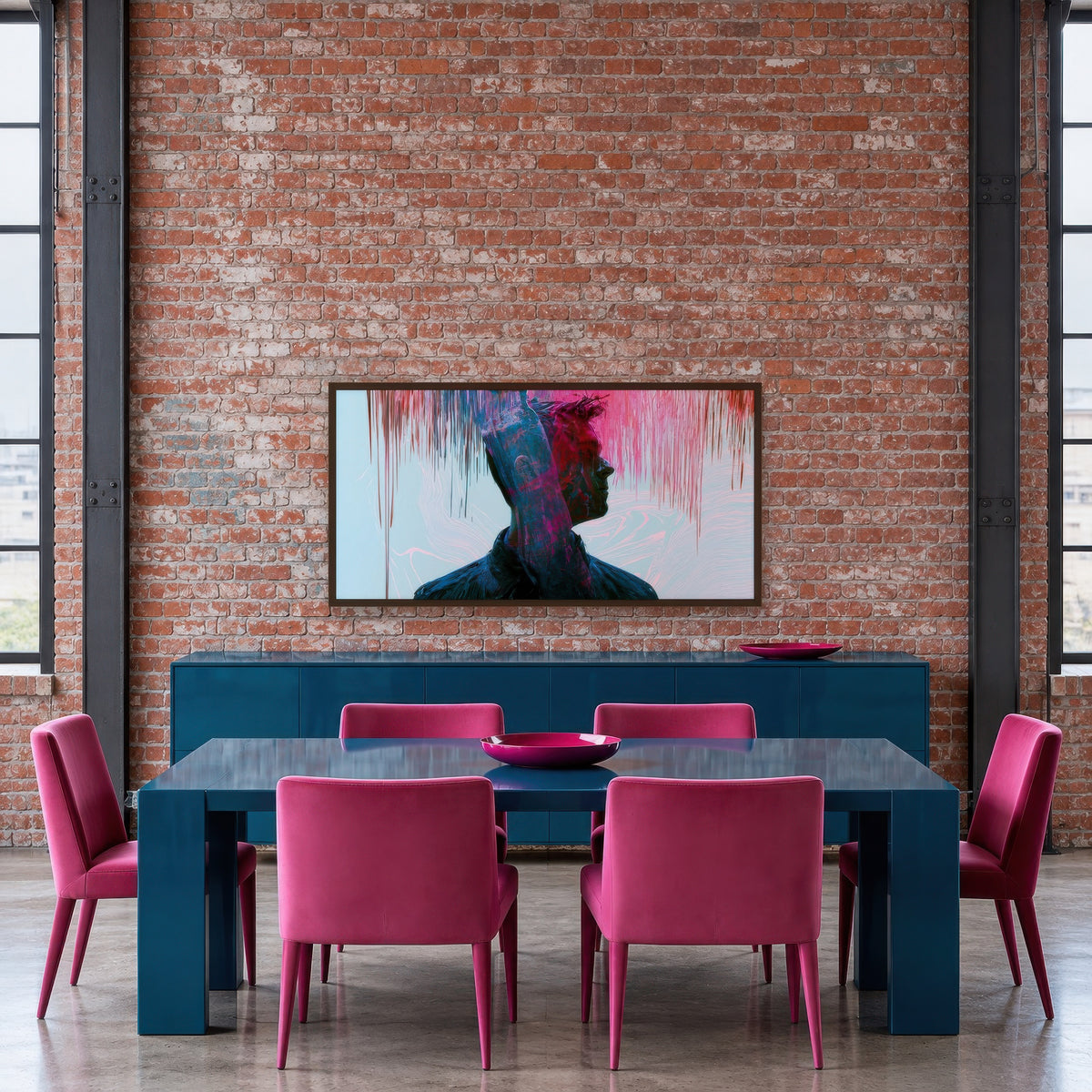 Double Profile in Red and Teal abstract portrait wall art in a dining room