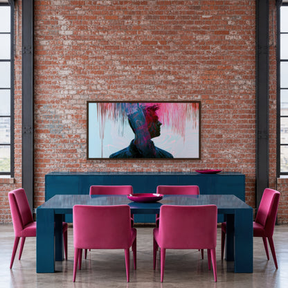 Double Profile in Red and Teal abstract portrait wall art in a dining room