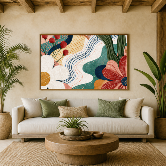 Abstract garden path artwork above a cream sofa with olive pillows and a round wood table