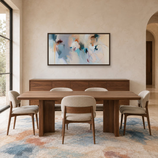 Soft Blue and Blush Abstract wall art in a dining room