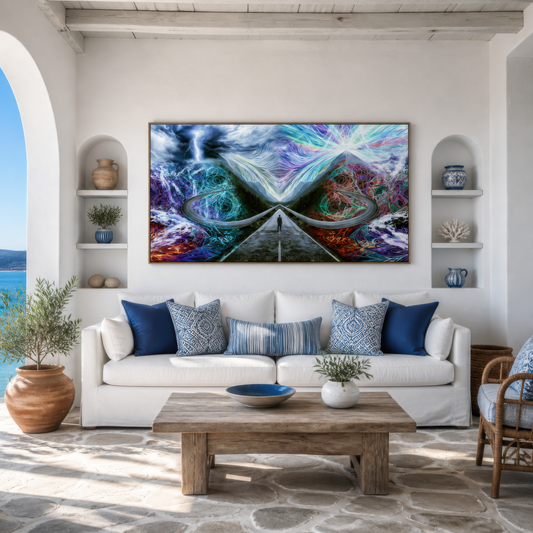 Path of fire and storm above a white sofa with navy pillows and built-in shelf niches