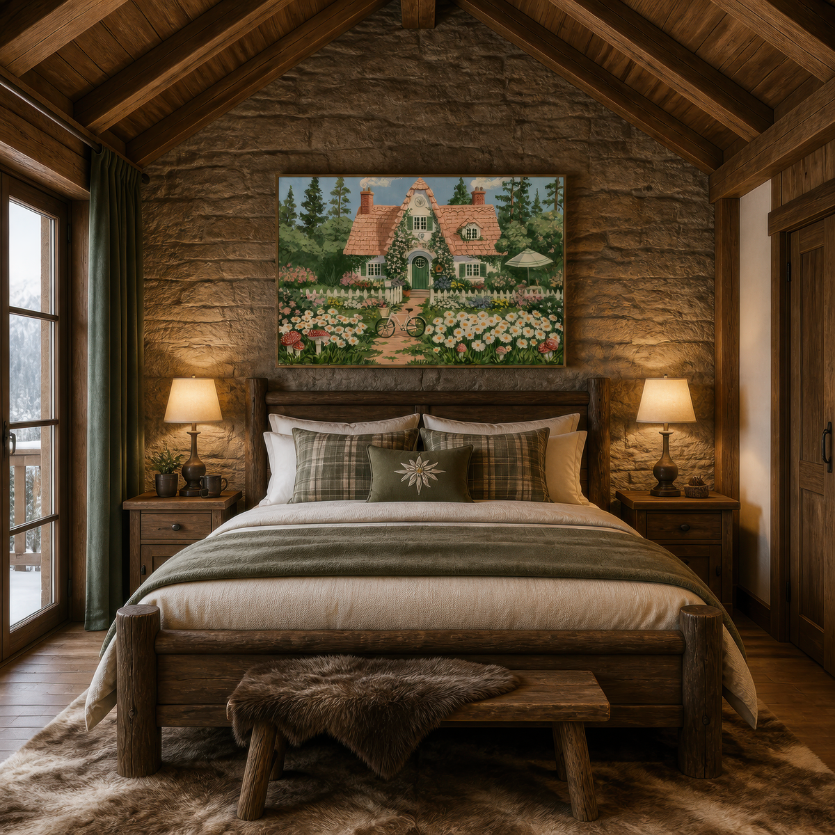 Storybook garden cottage above a wooden bed with green plaid bedding under a timber ceiling