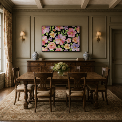 Multicolor Floral Pattern on Black wall art print, alternate room view