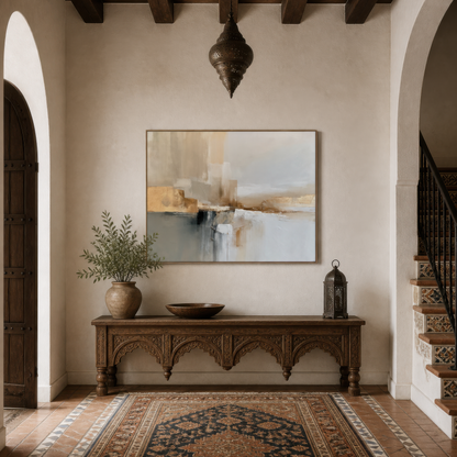 Large gray and gold abstract artwork above a carved wooden console in an entryway beside a staircase