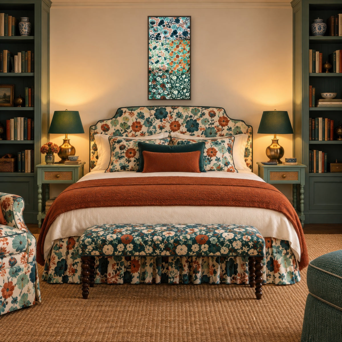 Teal and Rust Floral Patchwork vintage illustration wall art in a bedroom