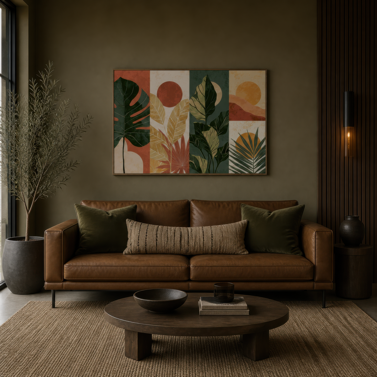 Leaf panel artwork above a tan sofa with olive pillows on a deep olive-brown wall