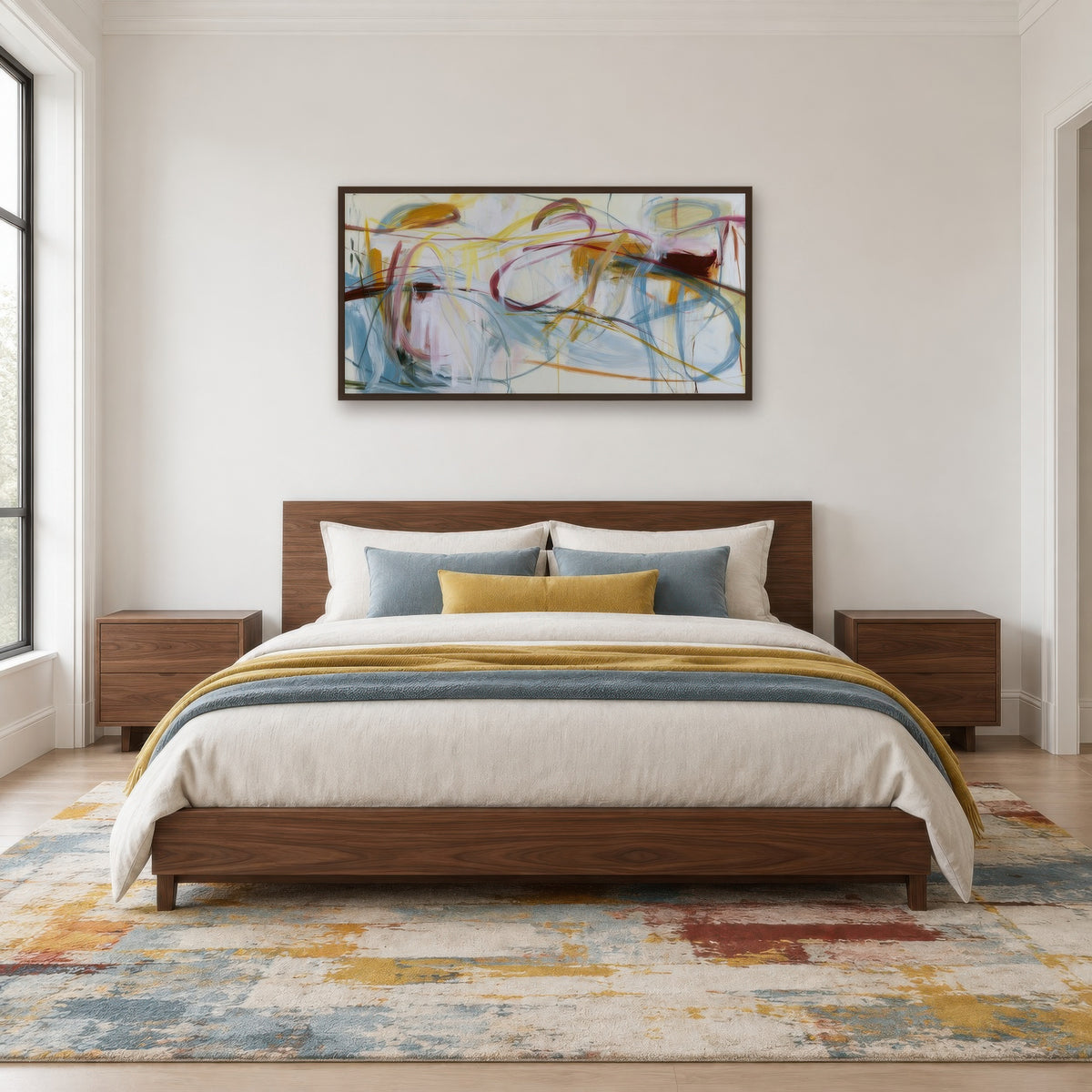 Mustard and Burgundy Loops Abstract wall art in a bedroom