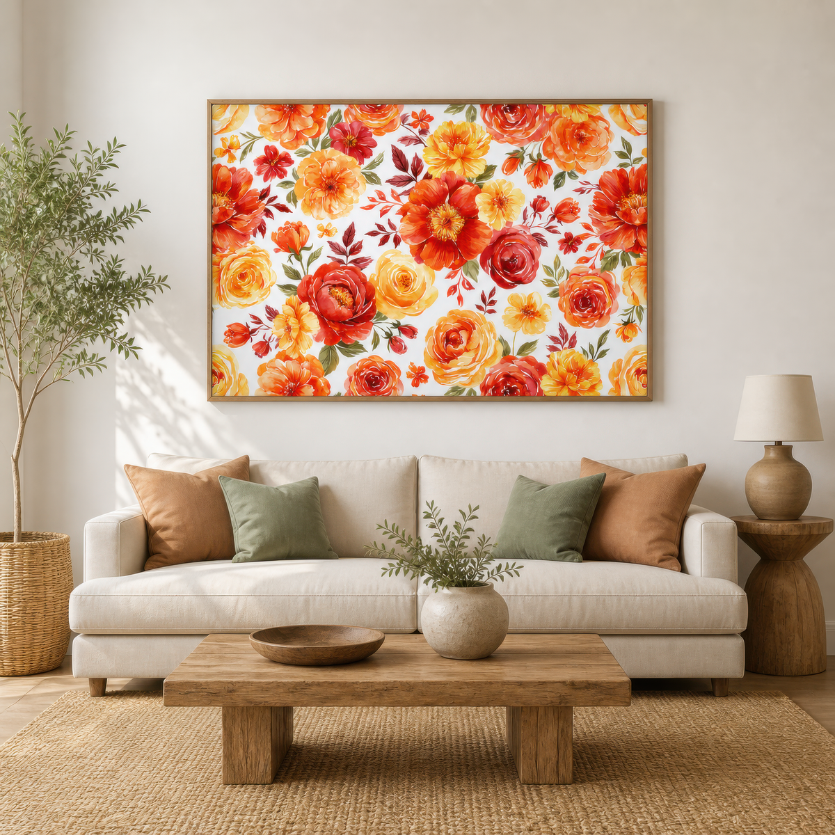 Orange and Yellow Rose Pattern wall art print staged in a room