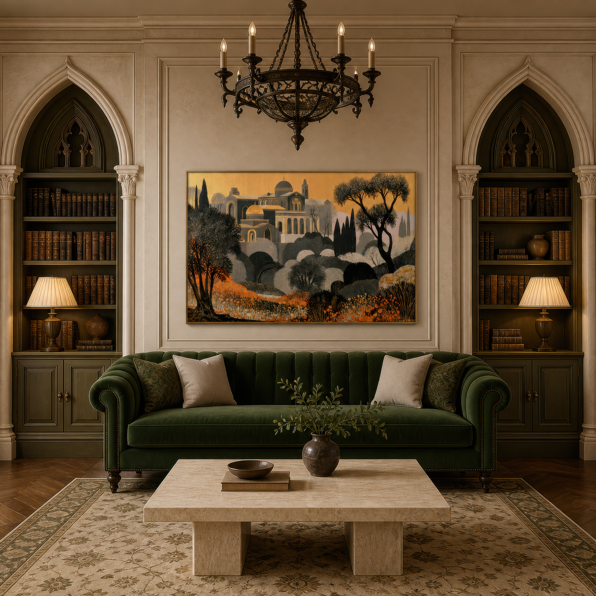 Mediterranean deco landscape above a dark green chesterfield between Gothic bookcases