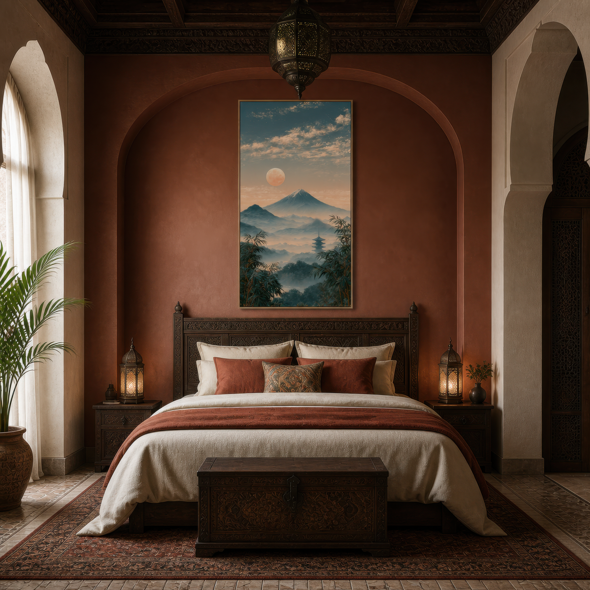 Misty Mount Fuji landscape above a bed with rust bedding in a terracotta arched alcove