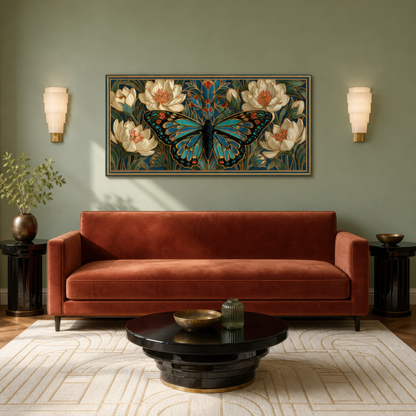 Jade butterfly motif above a rust velvet sofa on a sage green wall with alabaster sconces