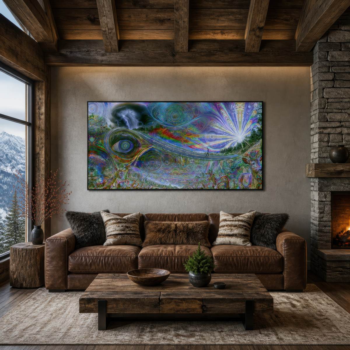 Bright signal above a brown sofa on a stone wall with a chunky wood coffee table