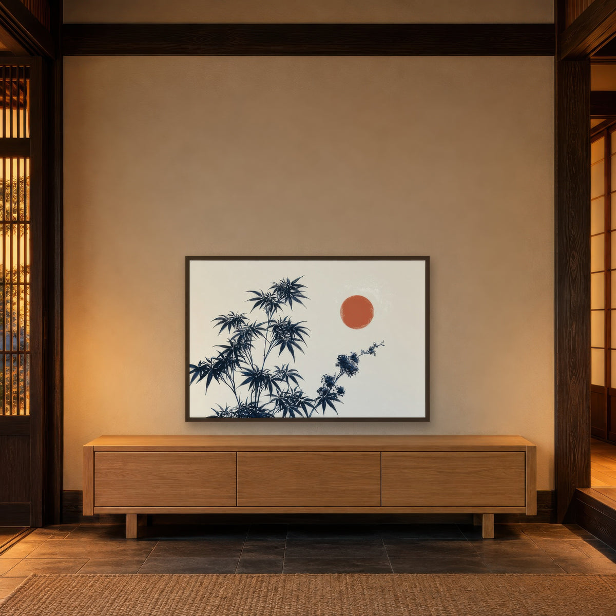 Indigo Leaves and Red Sun japandi wall art in an entryway