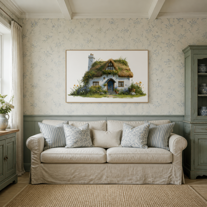 Mossy thatched cottage above a cream slipcovered sofa on a pale green wall with a sage cabinet