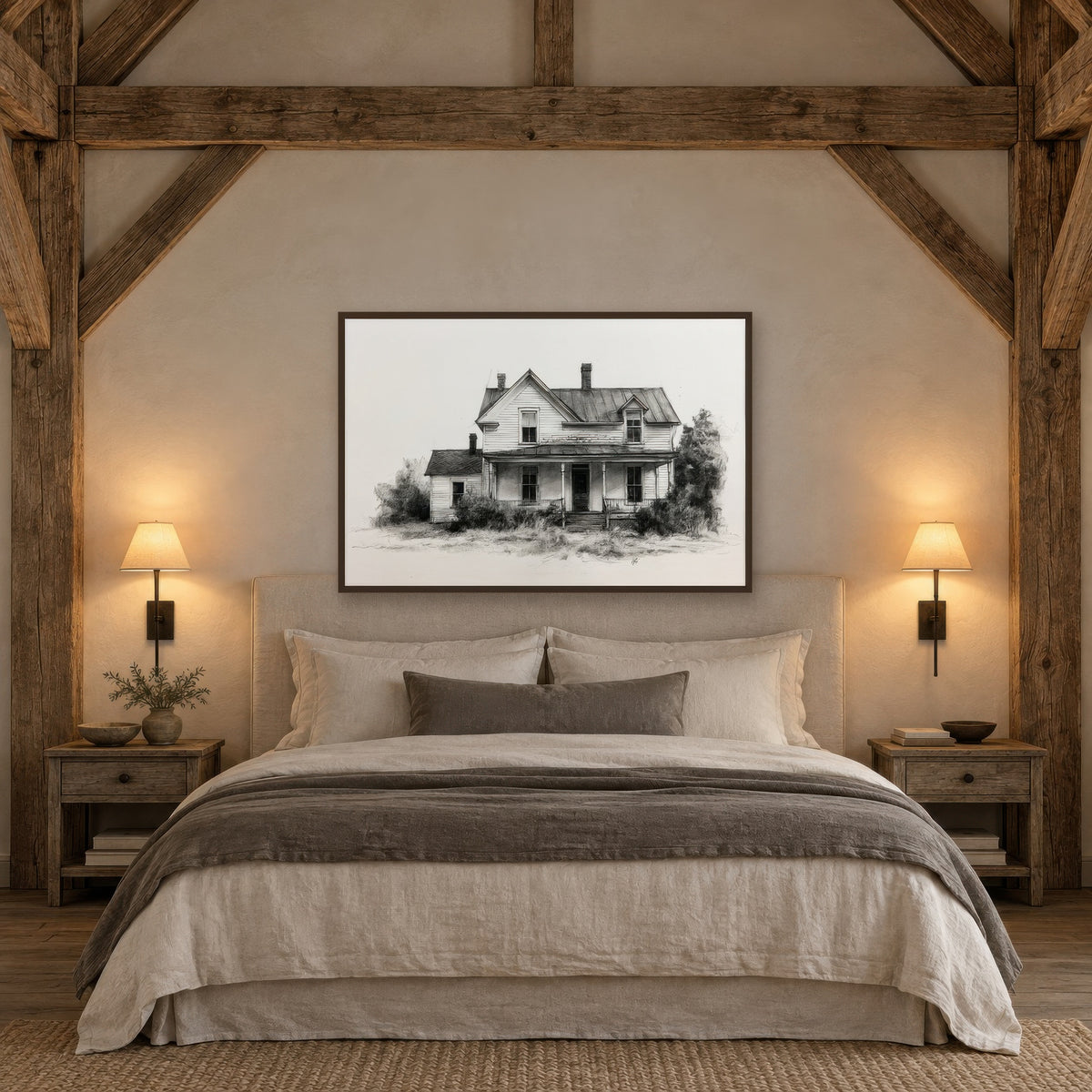 Abandoned Farmhouse Sketch farmhouse wall art in a bedroom