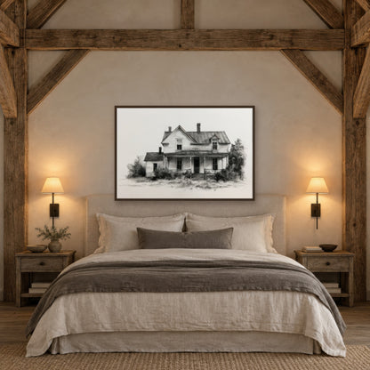 Abandoned Farmhouse Sketch farmhouse wall art in a bedroom